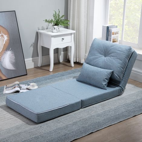 Sofá cama/sillón convertible, 1 plaza con 1 cojín y respaldo ajustable, azul.