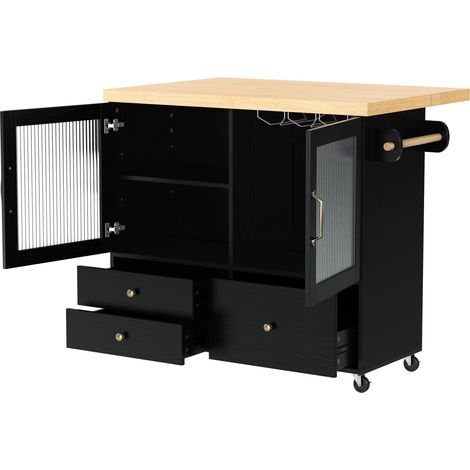 Îlot de cuisine mobile avec roulettes, table extensible, rangement et porte-verres - MDF noir (1/5)