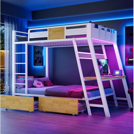 Lit superposé 90 x 200 cm avec bureau gaming, LED, prises USB et Type-C, blanc DESVIAE (1/5)