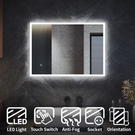 ELEGANT Backlit Bathroom LED Mirror with Shaver Socket 700x500mm Wall Mounted Bathroom Mirror with LED Lights Demister Pad Touch Switch Vertical/Horizontal (1/5)