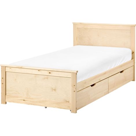 Storage Bed with 2 Drawers Natural Pine Wood MDF Birch Wood EU Single Size 3ft Headboard Scandinavian DAUPHIN