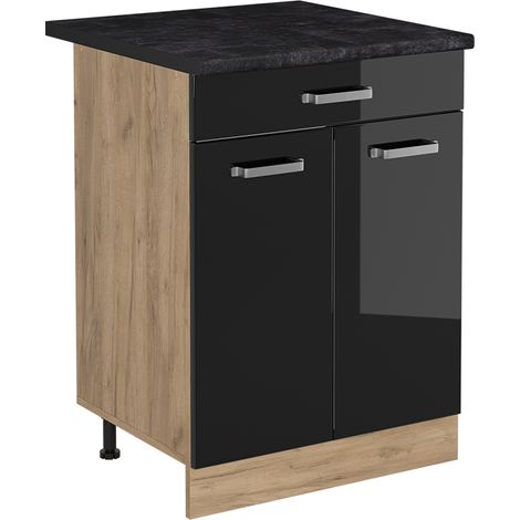 Mobiletto base cucina R-Line, Nero lucido/Rovere dorato, 60 cm con cassetto piano di lavoro Antracite, Vicco (1/5)