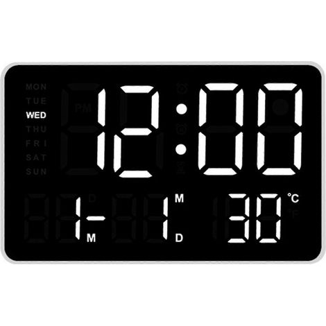 Horloge murale numérique de 10,5 pouces avec date, température et fonction de passage automatique à l'heure d'été, décoration de bureau, disponible en blanc (avec lumière blanche). (1/5)