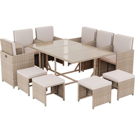 Cuba 10 Seater Rattan Garden Furniture Set with Table Chairs Cushions and Protective Cover Natural