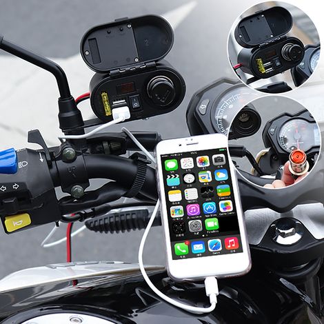 Prise allume-cigare moto 12V/24V avec double port USB, voltmètre et horloge pour charge téléphone (1/5)