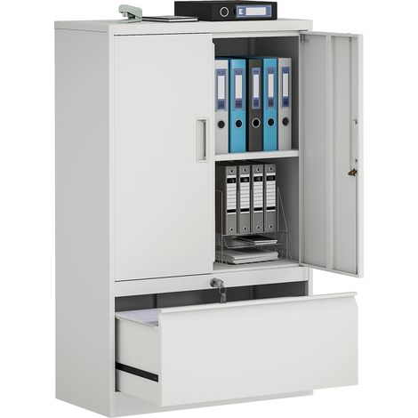 Mobile da Ufficio in Acciaio con Ripiano Interno Regolabile e Cassetto, 80x40x130 cm, Bianco