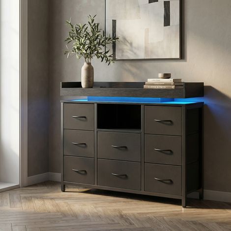 Commode chambre, 8 tiroirs, LED RGB et station de charge, meuble de rangement 108x30x82 cm, métal et tissu, style industriel moderne, Noir
