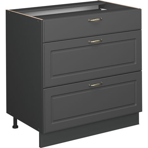Meuble cuisine Fame-Line, Anthrazit-Gold Landhaus, 80cm avec 3 tiroirs, sans PT, Vicco