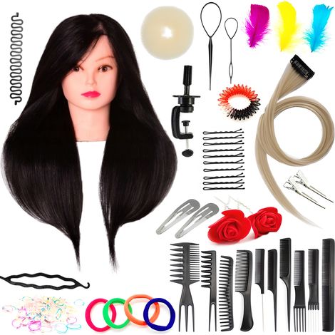 Cabeza de entrenamiento Ela de 55 cm, negra, cabello natural + mango, para peinar, cabezal de entrenamiento (1/5)