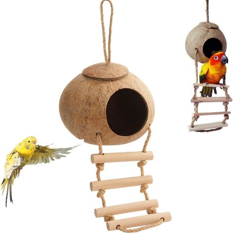 Maisons à Oiseaux pour l'Extérieur, Nid D’Oiseau en Noix de Coco, Nid d'Oiseau en Coquille de Noix de Coco, Nichoir Durable à Suspendre pour Animal Domestique, Perroquet, Conure, Hamster (1/4)