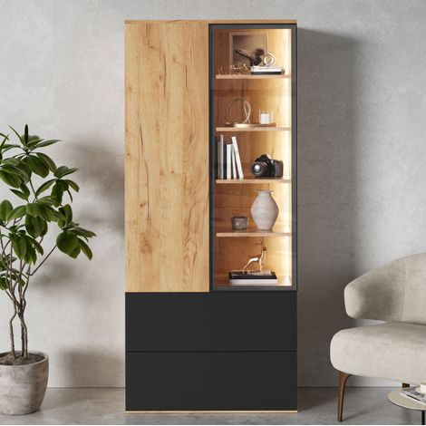 Vitrine mit LED, Glas, 2 Türen, 2 Schubladen, 6 verstellbaren Böden 70x35x160 cm OKWISH (1/5)