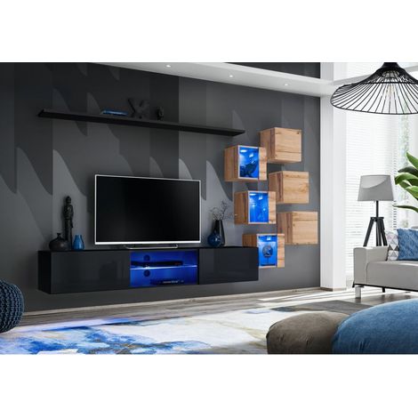 Ensemble meuble TV mural Switch XXI - L 240 x P 40 x H 120 cm - Noir et marron - Livraison gratuite
