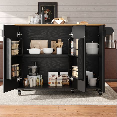 MEUBLIV Îlot de cuisine 130x45x92 cm noir – 3 portes, plateau pliant, sans matelas (1/5)