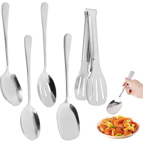Cuillere De Service,Cuillères de Service en Acier Inoxydable,Cuillères de Service à Long Manche pour Buffet,Banquet et Réunions de Famille pour Buffet,Banquet (Argent) (1/5)