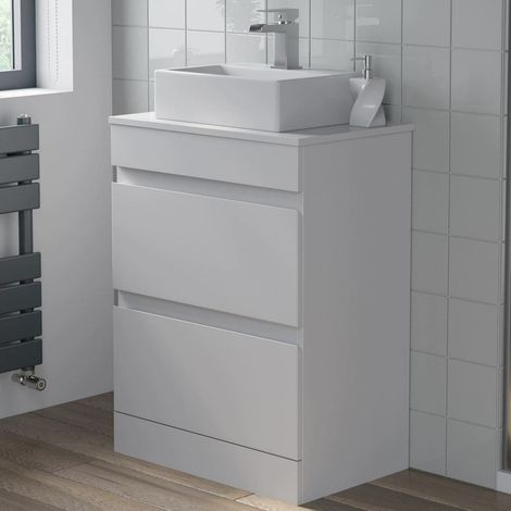 Countertop Vanity Unit & Basin Floor Standing Bathroom Furniture Drawer White Gloss 600mm with 400mm Rectangular Basin (1/5)