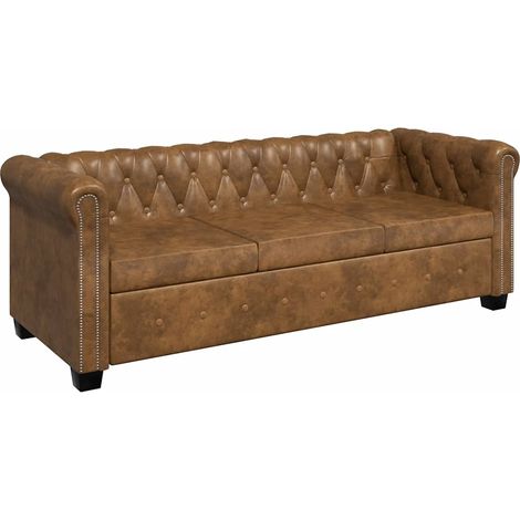 Canapé Sofa Chesterfield 3 places cuir artificiel marron