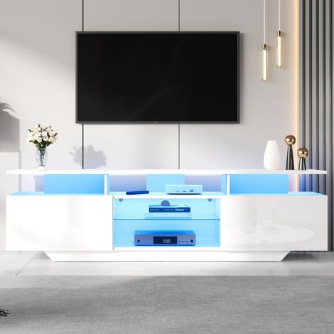 Meuble tv rangement 70 pouces LED MDF blanc 8 niches HAVRYA (1/5)