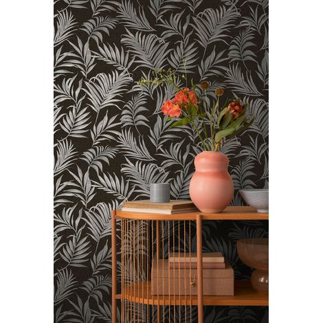 Papier peint intissé feuille et palmier aux tons noire et argent - 10,05 x 0,53 m - collection Cosmopolitan (1/5)