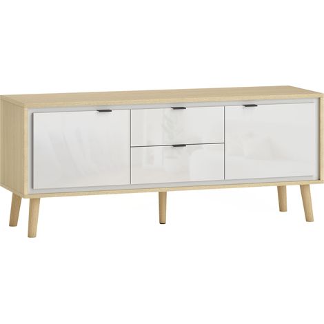 Meuble TV blanc 120x35x50 cm, support téléviseur jusqu'à 55 pouces, 2 portes laquées brillantes, 2 tiroirs à fermeture silencieuse, meuble bas salon moderne. (1/5)