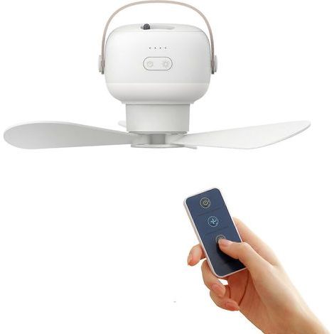 Ventilateur suspendu rechargeable avec télécommande et lampe de camping pour tente - 3600 mAh - Blanc (1/4)