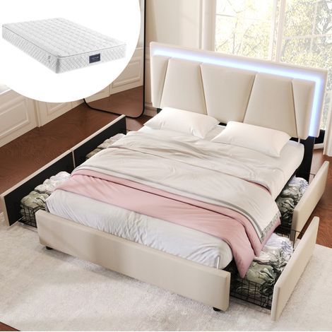 lit adulte rangement LED 140x200 beige avec matelas OKMYHOME (1/5)