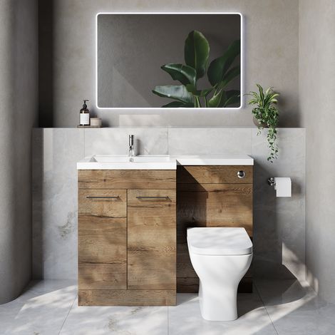 Napoli 460 Tobacco Oak 1100mm 2 Door Vanity Unit Toilet Suite with Left Hand Square Lucia Basin - 1100mm - Chrome 160mm HandleWith Kingston Toilet Pan and Seat