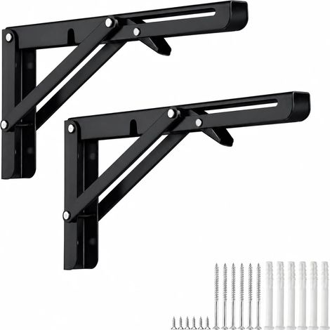 40cm Équerre Pliante Étagère en Acier Inoxydable Noir, 2 Pièces Support Tablette Rabattable Charge Lourde Max 80kg, Console Pliable pour Table Murale, Établi, Gain de Place (1/5)