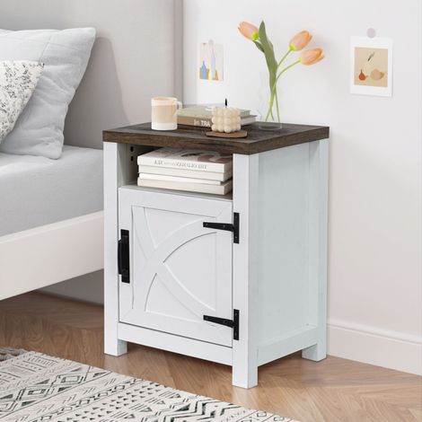 Parrot Uncle Nachttisch im Landhausstil, 46 cm Beistelltisch mit Scheunentor und verstellbarem Regal, Weiß, für Schlafzimmer und Wohnzimmer