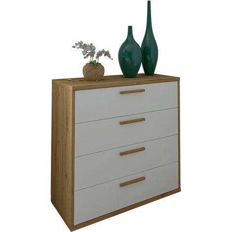 Commode, Meuble de rangement avec 4 tiroirs coloris chêne Albar, blanc - Hauteur 86 x Longueur 88 x profondeur 40 cm (1/2)