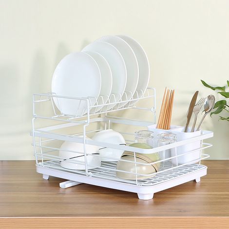 Étagère de rangement japonaise blanche double couche pour vaisselle, égouttoir à assiettes et bols, support de cuisine en métal (1/3)