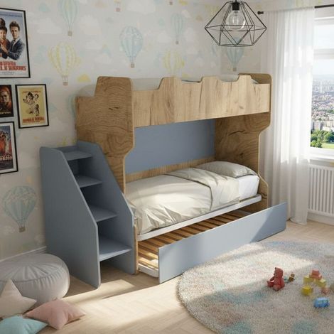 Letto a castello salvaspazio con terzo letto estraibile e scala laterale - Ideale per camerette - Quercia e Avio