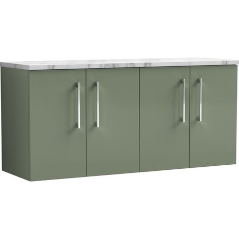 Nuie Arno Wall Hung 4-Door Vanity Unit with Carrera Marble Worktop 1200mm Wide - Satin Green (1/4)