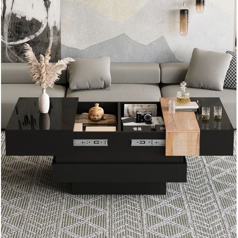 Mesa de centro cuadrada 70 x 70 x 39 cm de MDF negro extensible FloraGrace (1/5)