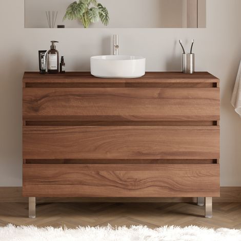 Meuble de salle de bain 120cm avec plateau et vasque à poser ronde - 3 tiroirs - sans miroir - noyer (bois foncé) - MAYOR (1/5)
