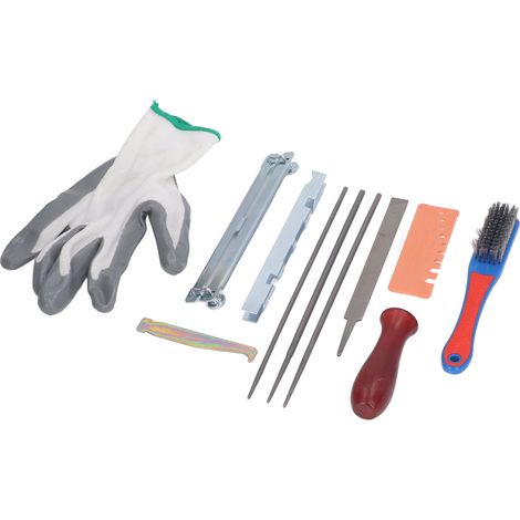 Lime à tronçonneuse 12 pièces, kit affûtage chaîne scie avec manche bois, outil lime ronde pour affûteur chaîne, set dentures scie manuel (1/5)