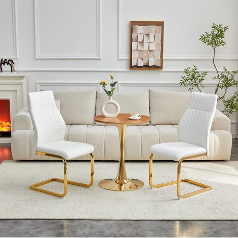 Esszimmergarnitur aus MDF, Metall und PU-Leder in Weiß/Gold mit rundem Tisch Ø60x72 cm und 2 Stühlen (1/5)