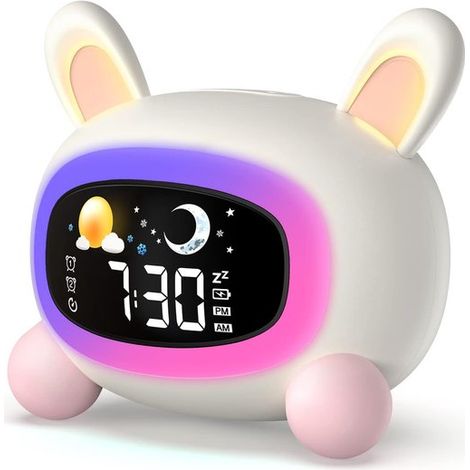 Kinderwecker mit Schlaftrainer, Nachtlicht, 7 Musiktiteln, 5 wechselnden Farben, USB aufladbarer Digitaluhr (1/5)