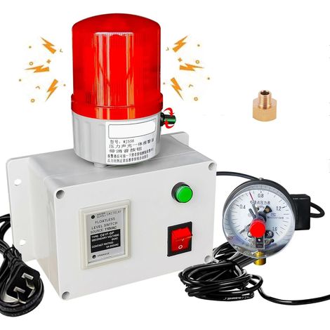 Hoch- und Niederdruckalarm (110 V), 105 dB, industrieller akustischer und optischer Druckalarm, 0–1,6 MPa Hoch- und Niederdrucküberwachung für Luft, Gas und Wasser mit Manometer und blinkender Warnleu (1/5)
