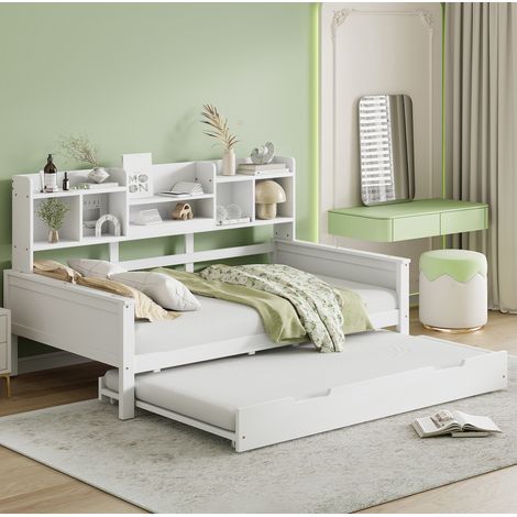 Canapé-lit 90x200 cm gigogne avec rangement, blanc, en bois, sans matelas FloraGrace (1/5)