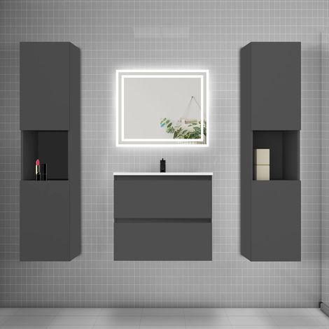 Ensemble meuble de salle de bains 60cm, vasque + colonne + LED miroir mural,anthracite (1/5)