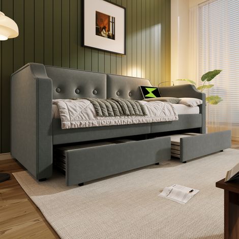 Lit banquette 90x200cm en velours - avec fonction recharge et LED - avec sommier à lattes - Gris (1/5)