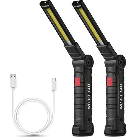 Lampe de poche rechargeable, lampe de travail, lampe d'atelier, lampe de poche COB avec base magnétique, lampe de camping 5 modes pour garage, camping, urgence et plus (grande, 2 pièces) (1/5)