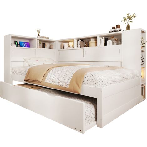 Lit banquette enfant 90x200 cm avec lit gigogne, rangements intégrés et USB, en bois de pin blanc, idéal pour chambre gain de place - CHICFURN (1/5)