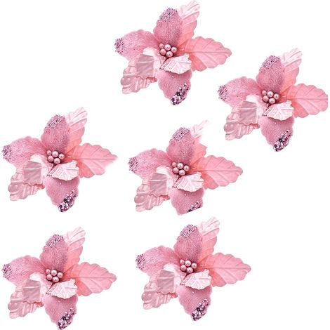 Set 6 Fiore rosa Decorazioni per Albero di Natale addobbi natalizi da appendere con pinza pick decorativo pacchi regalo (1/5)