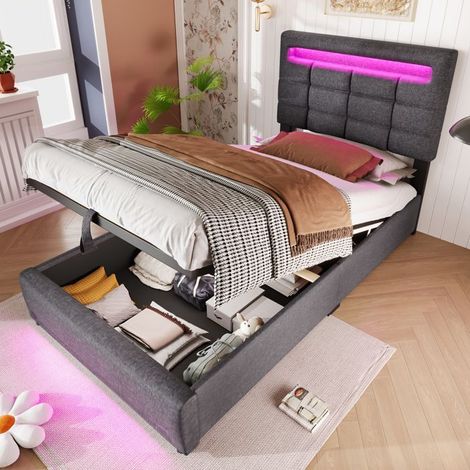 Lit rembourré hydraulique 90 x 200 cm — coffre, LED 16 couleurs (commande app), prise USB, lin gris, sans matelas (1/5)