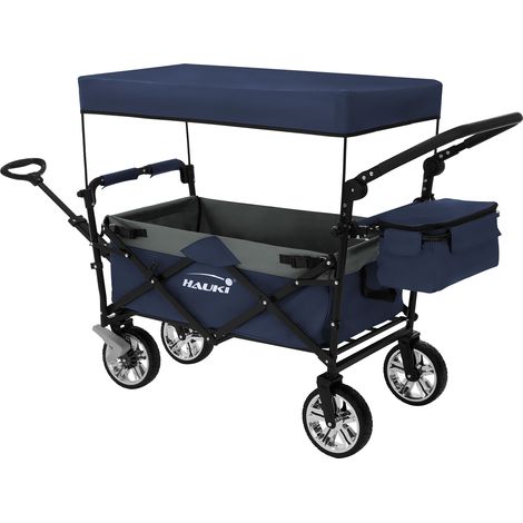 Hauki Bollerwagen XXL faltbar mit Dach & Tasche, Blau-Grau, Handwagen klappbar zum Schieben & Ziehen, Transportwagen für Kinder, 360° drehbare Vorderräder, PU Räder mit Bremsen, Transportkarre 120 kg
