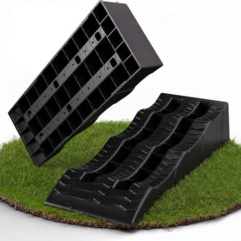 Relaxdays Cales de nivellement à 3 niveaux, lot de 2, camping-car, 5 t, H x L x P : 12 x 21,5 x 61 cm, PP, noires (1/5)