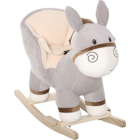 Cheval à Bascule modèle âne Fonction Musicale Selle Grand Confort Peluche Courte Douce Bois peuplier Gris dim. 61L x 34l x 58H cm