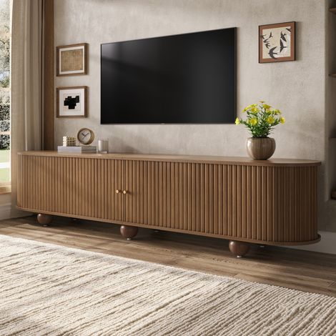 Mobile TV 180 x 35 x 45 cm, ante scorrevoli con rilievo verticale, vani a giorno e chiusi, finitura MDF - noce (1/5)