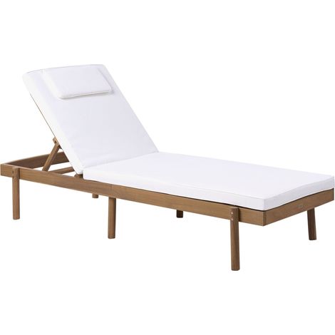 Sun Lounger Light Brown Certified Acacia Wood White Cushion Seat Folding Feature Garden Patio Balcony MARCETELLI